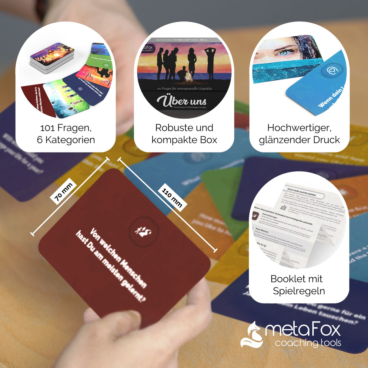 metaFox deep questions "Über uns" cards