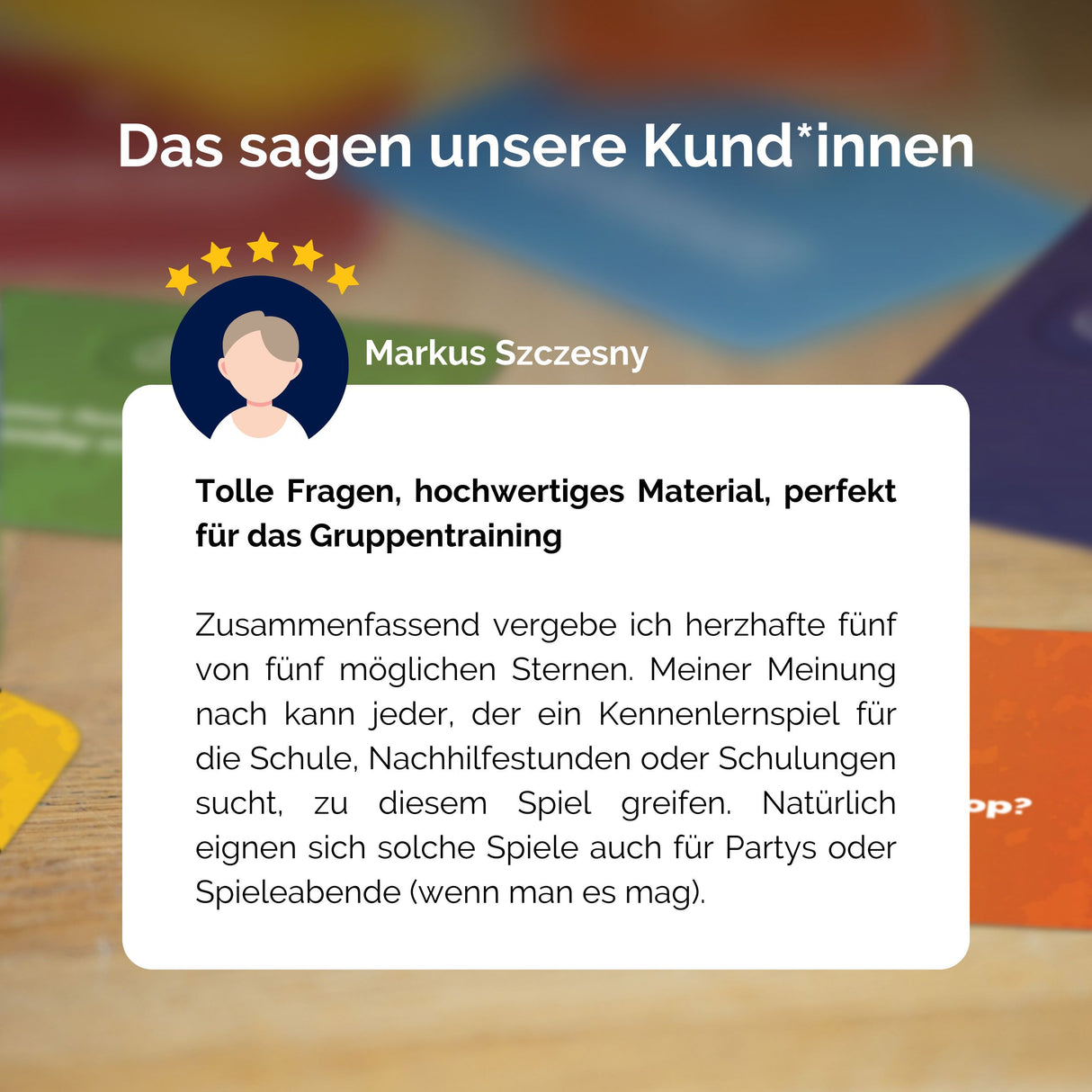 metaFox deep questions "Über uns" cards